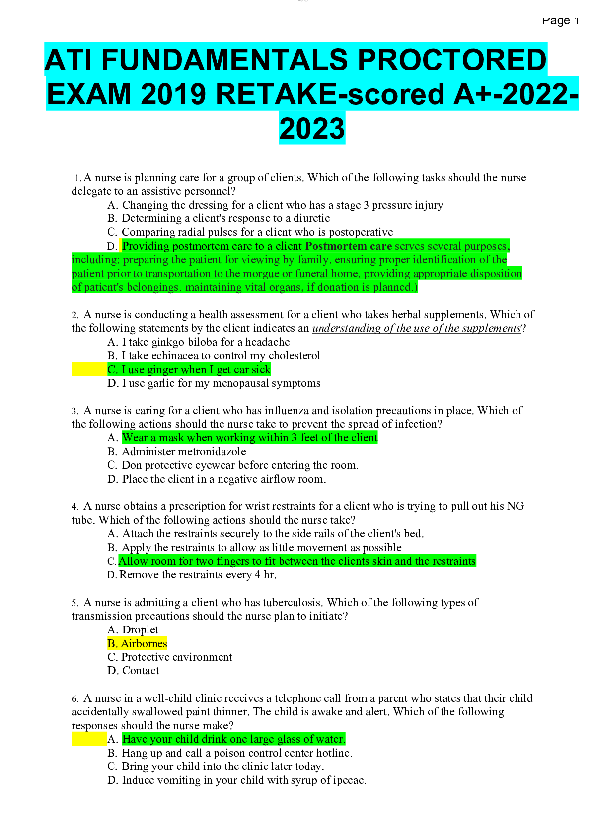Preview image for ATI FUNDAMENTALS PROCTORED EXAM 2019 RETAKE-scored A+-2022-2023